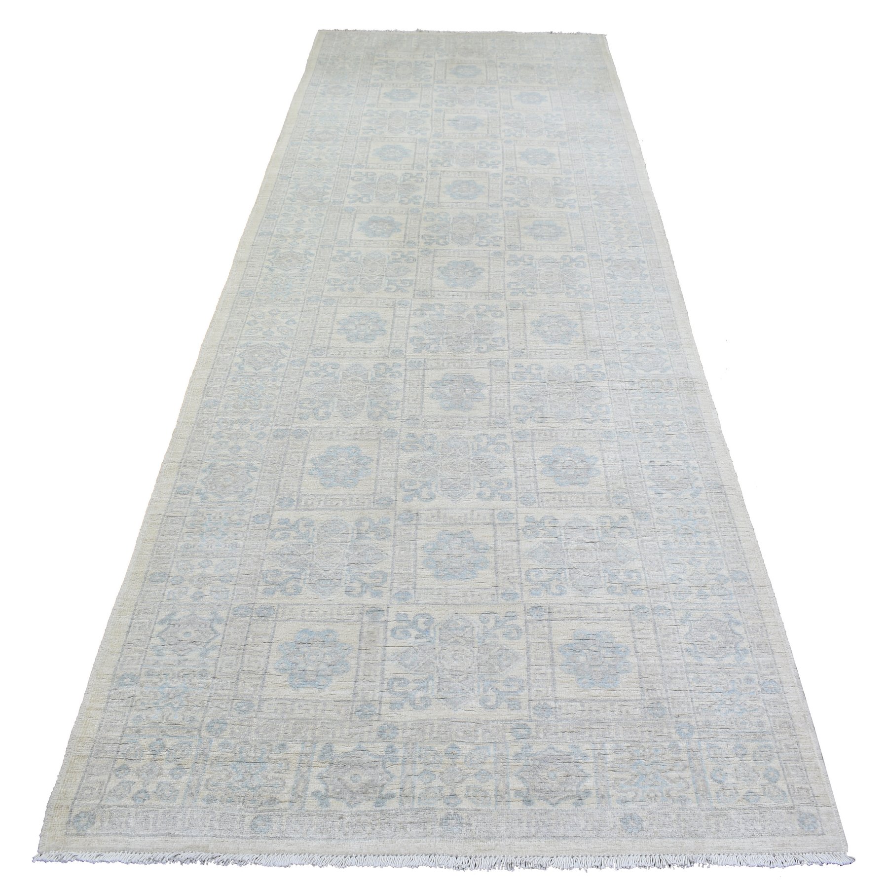 4'x11'8" Ivory, White Wash Peshawar with Geometric Design Natural Dyes, Organic Wool Hand Knotted, Wide Runner Oriental Rug 